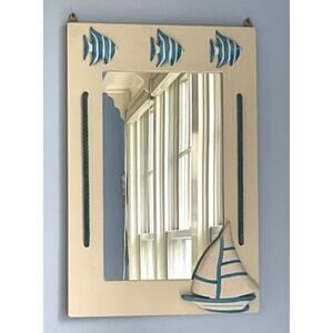 Fish And Sailboat Painted Wood Wall Mirror Beach-house Vibes!